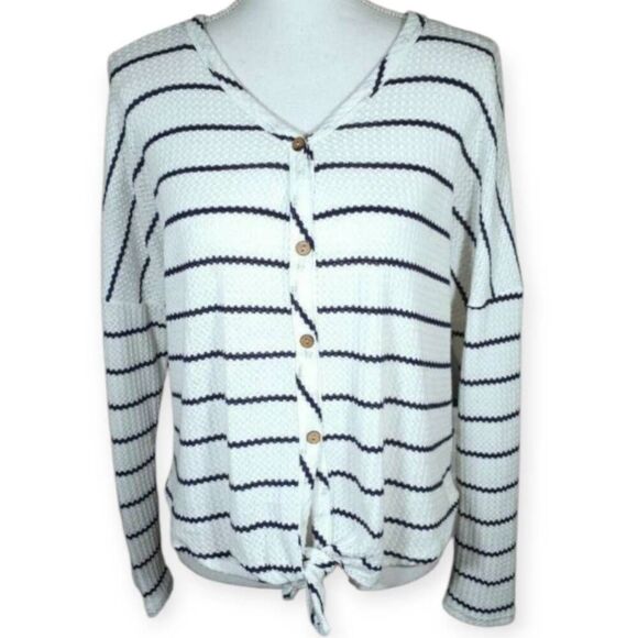 PAPER CRANE WHITE & NAVY STRIPE WAFFLE KNIT BUTTON DOWN SHIRT SZ.M EUC - Picture 1 of 6